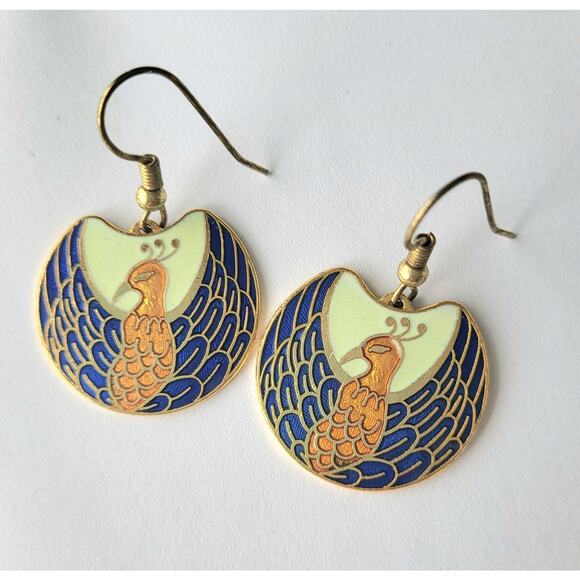 Laurel Burch Style Nile Bird Earrings Cloisonne Blue Pierced Boho - Picture 1 of 7